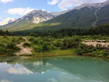 Scenic view of lake and mountains against sky