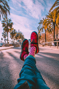 Low section of person relaxing on palm tree against sky