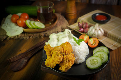 High angle view of food in plate on table