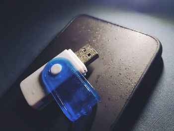 High angle view of bottle on table