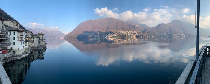 Panoramic view of lake and mountains against sky