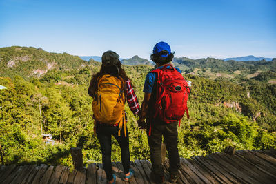 Rear view of people looking at mountain against sky