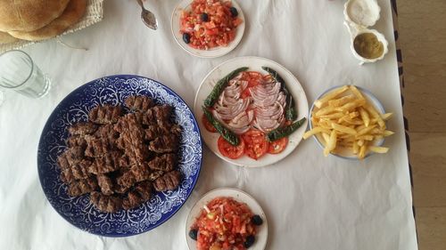 High angle view of breakfast on table