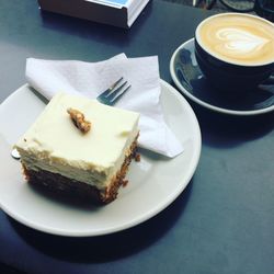 High angle view of cake in plate on table