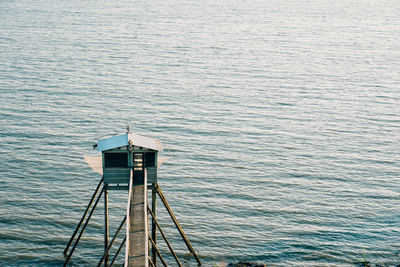 High angle view of lifeguard hut in sea