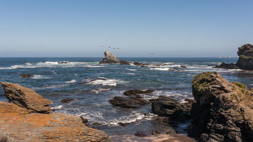 Scenic view of sea against clear blue sky