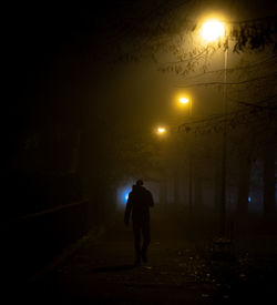 Rear view of silhouette man walking on illuminated street at night