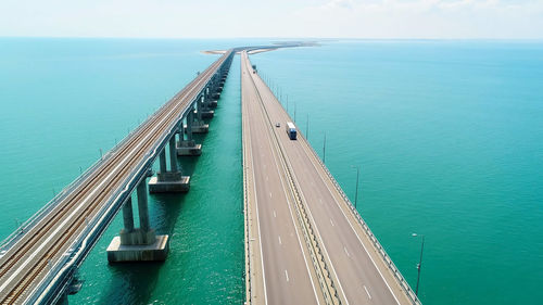 High angle view of bridge over sea against sky