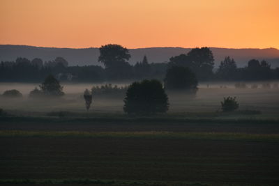 Scenic view of landscape against sky during foggy weather