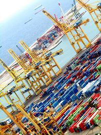 High angle view of commercial dock by sea