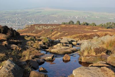 Scenic view of river by mountains against sky