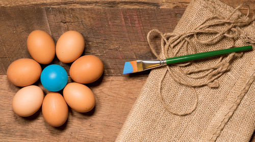 High angle view of eggs on table