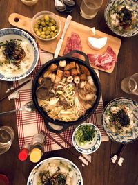 High angle view of meal served on table