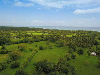 High angle view of field against sky