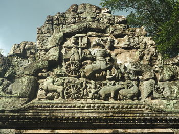 Low angle view of buddha statue against sky