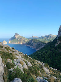 Scenic view of sea and mountains against clear blue sky