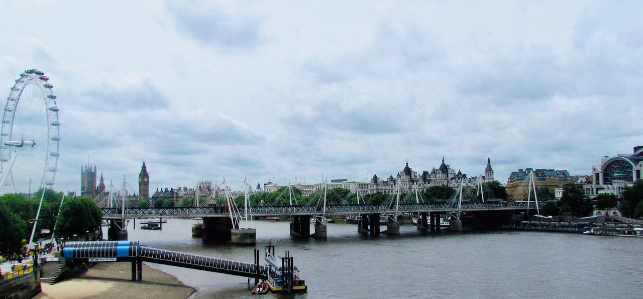 BRIDGE OVER RIVER AGAINST CLOUDY SKY IN CITY