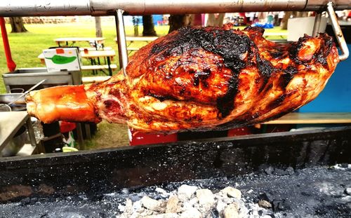 Close-up of meat on barbecue grill