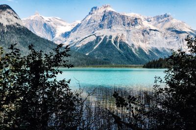 Scenic view of lake and snowcapped mountains against sky