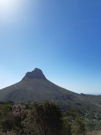 Scenic view of mountains against clear blue sky
