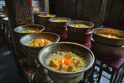 High angle view of soup in bowl on table