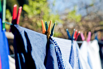 Close-up of clothes drying on clothesline