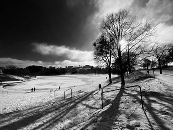 Bare trees on snowcapped field against sky