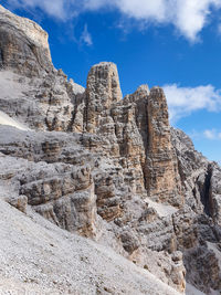 Low angle view of rocks on mountain against cloudy sky