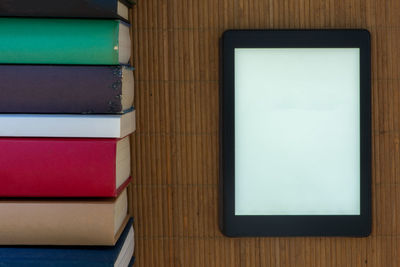 High angle view of books on table