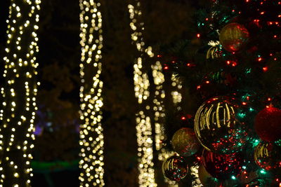 Close-up of illuminated christmas tree at night