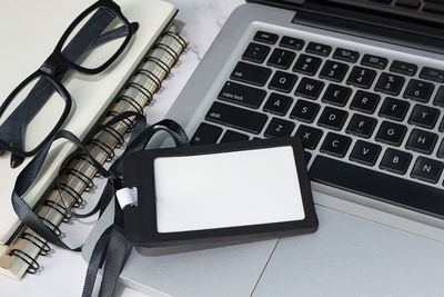 High angle view of objects on table