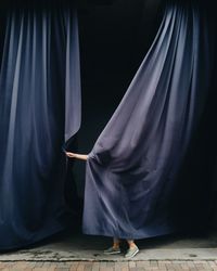 Rear view of people standing against curtain