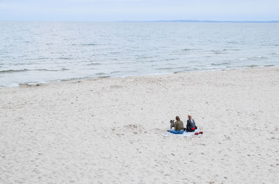 Rear view of friends sitting at beach