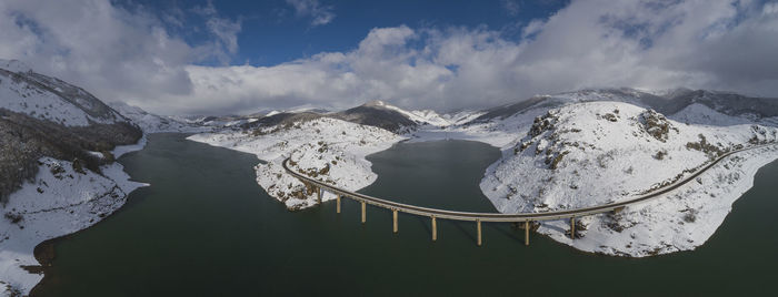 Snowy reservoir from aerial view in panorama