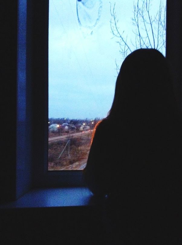 window, indoors, transparent, glass - material, looking through window, silhouette, sky, tree, one person, glass, home interior, vehicle interior, day, blue, dark, nature, curtain, clear sky, window sill, house