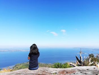 Rear view of woman sitting on fallen tree with sea in background against blue sky