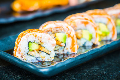 Close-up of sushi served in plate on table