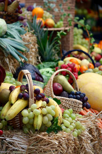 Fruits in basket at market stall