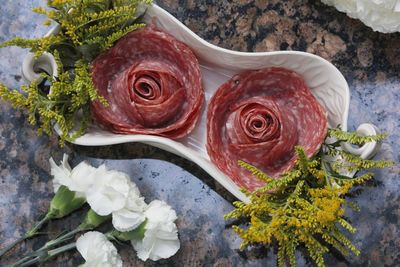 Close-up of salami with flowers