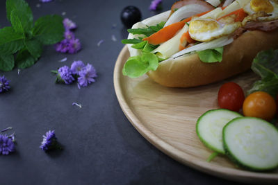 High angle view of fruits in plate on table