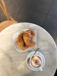 High angle view of breakfast served on table