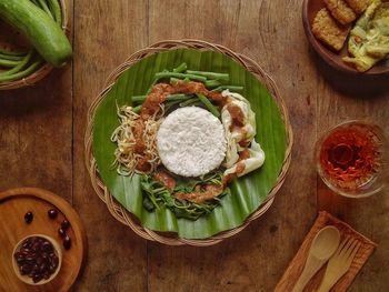 High angle view of food served on table