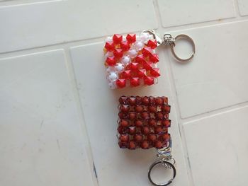 High angle view of strawberries on table