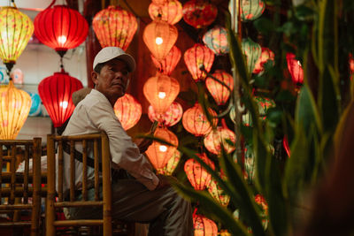 Close-up of illuminated lanterns