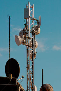 Low angle view of satellite dish against blue sky