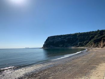 Scenic view of sea against clear blue sky