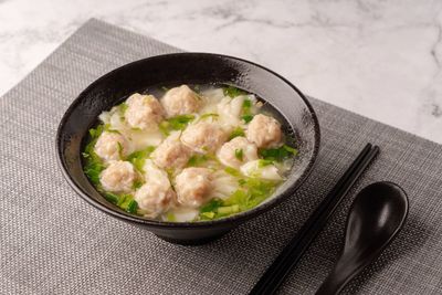 High angle view of rice in bowl on table