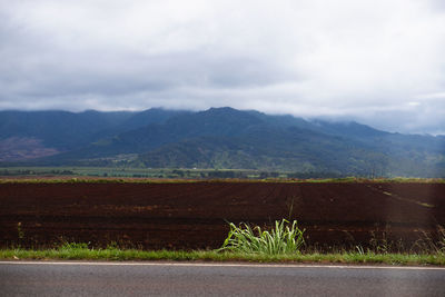 Scenic view of field by mountains against sky