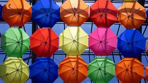 Directly below shot of multi colored umbrellas hanging on skylight