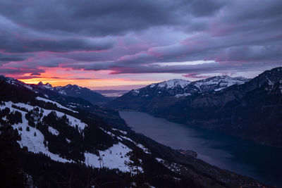 Scenic view of snowcapped mountains against sky during sunset
